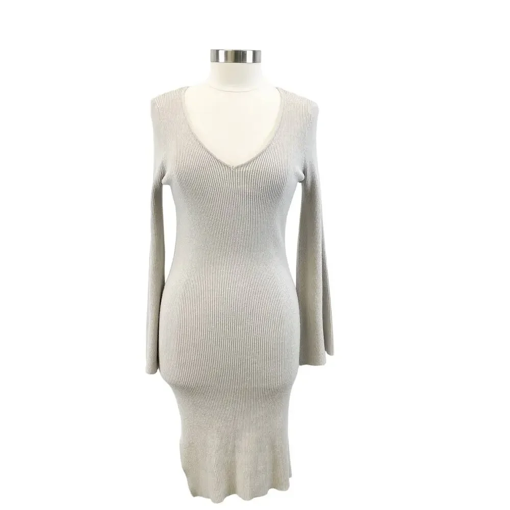 Lulus Womens M Jourdaine Taupe Bell Sleeve Sweater‎ Dress V-Neck Fall Stretchy